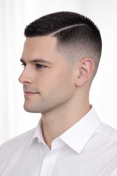 Mann mit kurzem Haarschnitt und modernem Übergang, trägt ein weißes Hemd.