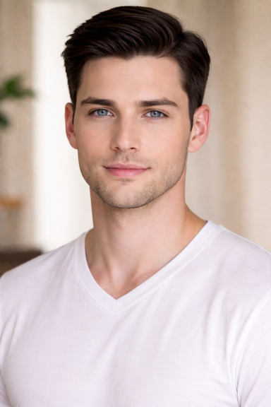 Junger Mann mit kurzen, braunen Haaren mit Seitenscheitel in einem weißen T-Shirt, lächelt freundlich.