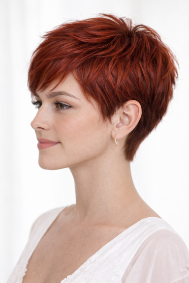 Roter Kurzhaarschnitt einer Frau im Profil, mit elegantem Auftreten.