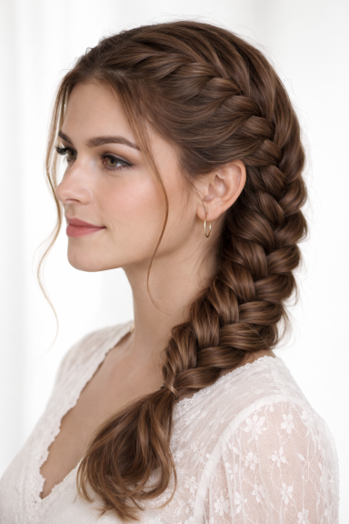 Frau mit geflochtenem, braunem Haar in Profilansicht, sanft lächelnd.