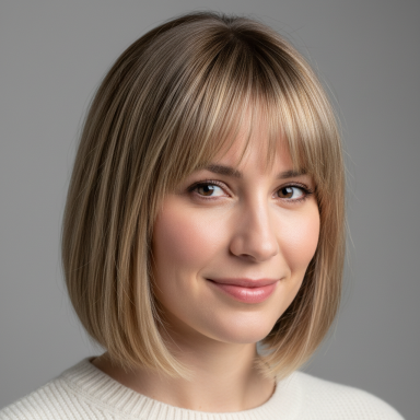 Junge Frau mit blonden, kinnlangen Haaren und neutralem Gesichtsausdruck.