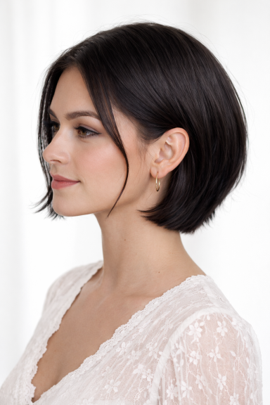 Eine Frau mit glatten, kinnlangen, schwarzen Haaren in Profilansicht. 