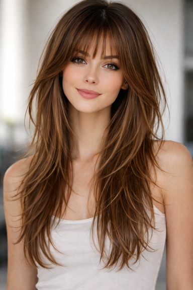 Junge Frau mit langen, brünetten Haaren und Pony, lächelnd in heller Umgebung.