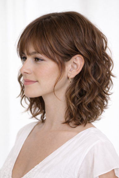 Braune, lockige schulterlange Haare mit Pony, seitliches Profil einer Frau.