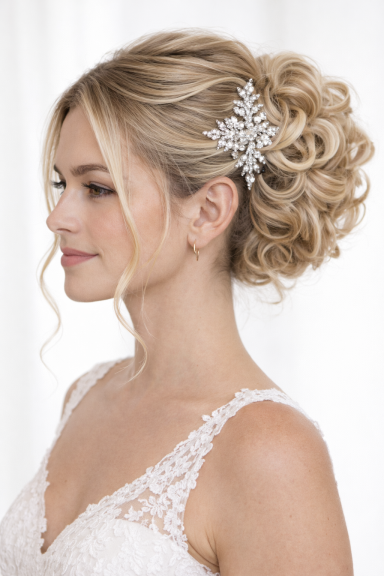 Elegante Hochsteckfrisur mit lockigem Haar und funkelndem Haaraccessoire.