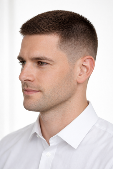 Herr, ca. 30 Jahre alt mit maschinengeschnittenen Haaren 14mm oben an den seiten 4mm mit fliesendem Übergang.