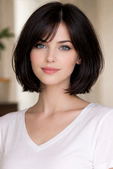 Junge Frau mit Halslangem, braunem Haar und blauen Augen, trägt ein weißes T-Shirt.