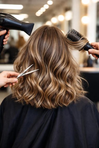 Styling von welligem Haar im Friseursalon mit Schere und Fön.